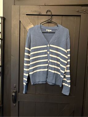 Three Dots Blue & White Striped V-Neck Button Cardigan
